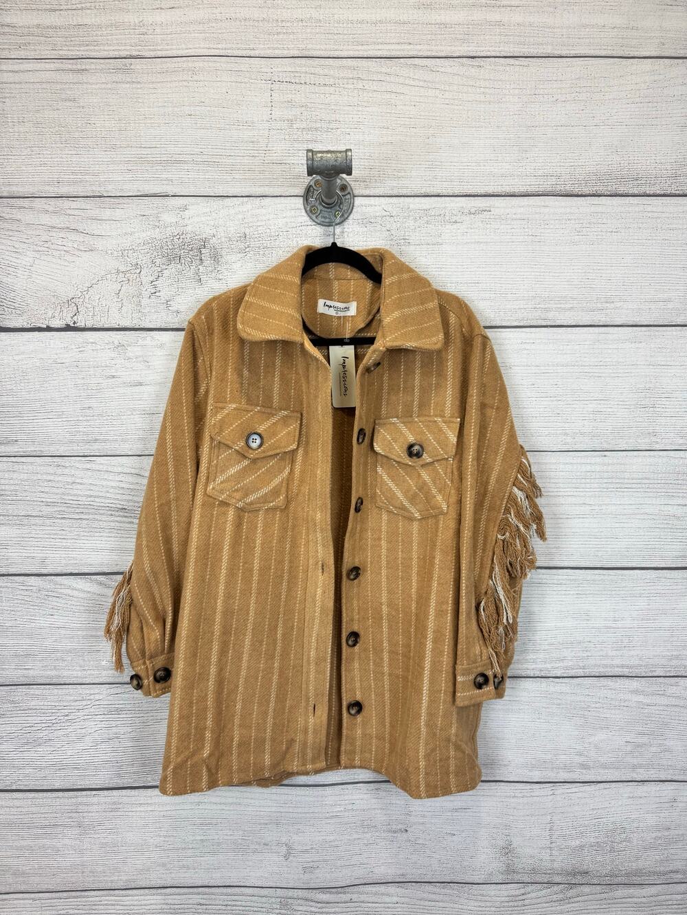 Impressions Women's Tan & Cream Fringe Back Button Up Shacket Size Small
